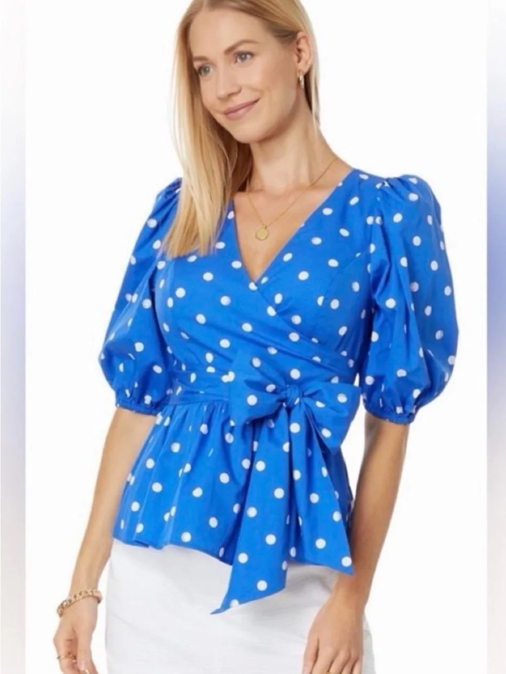 Lilly Pulitzer Kara Cotton Wrap Blue Polka Dot Top Puff sleeve size 4
